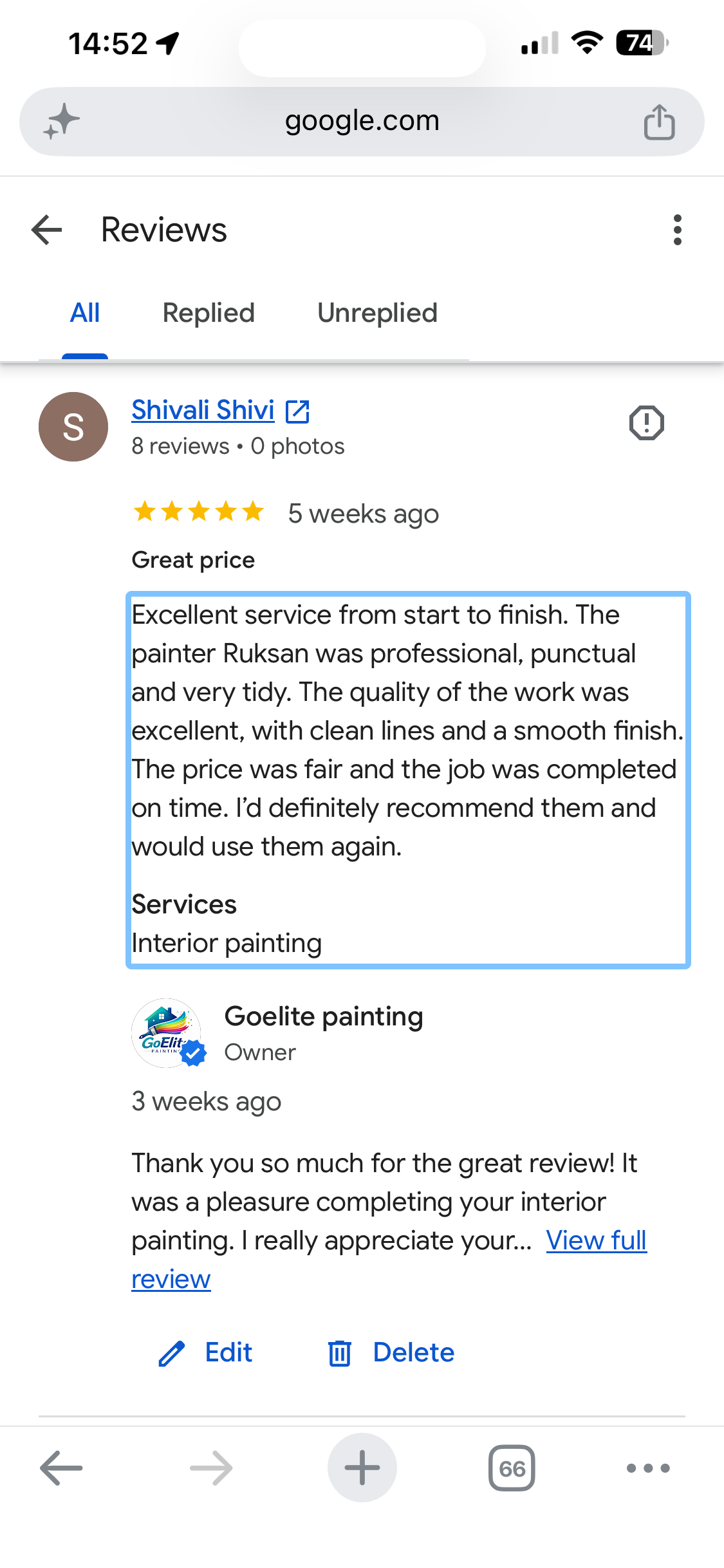 GOELITE Painting customer review from Shivali Shivi on Google