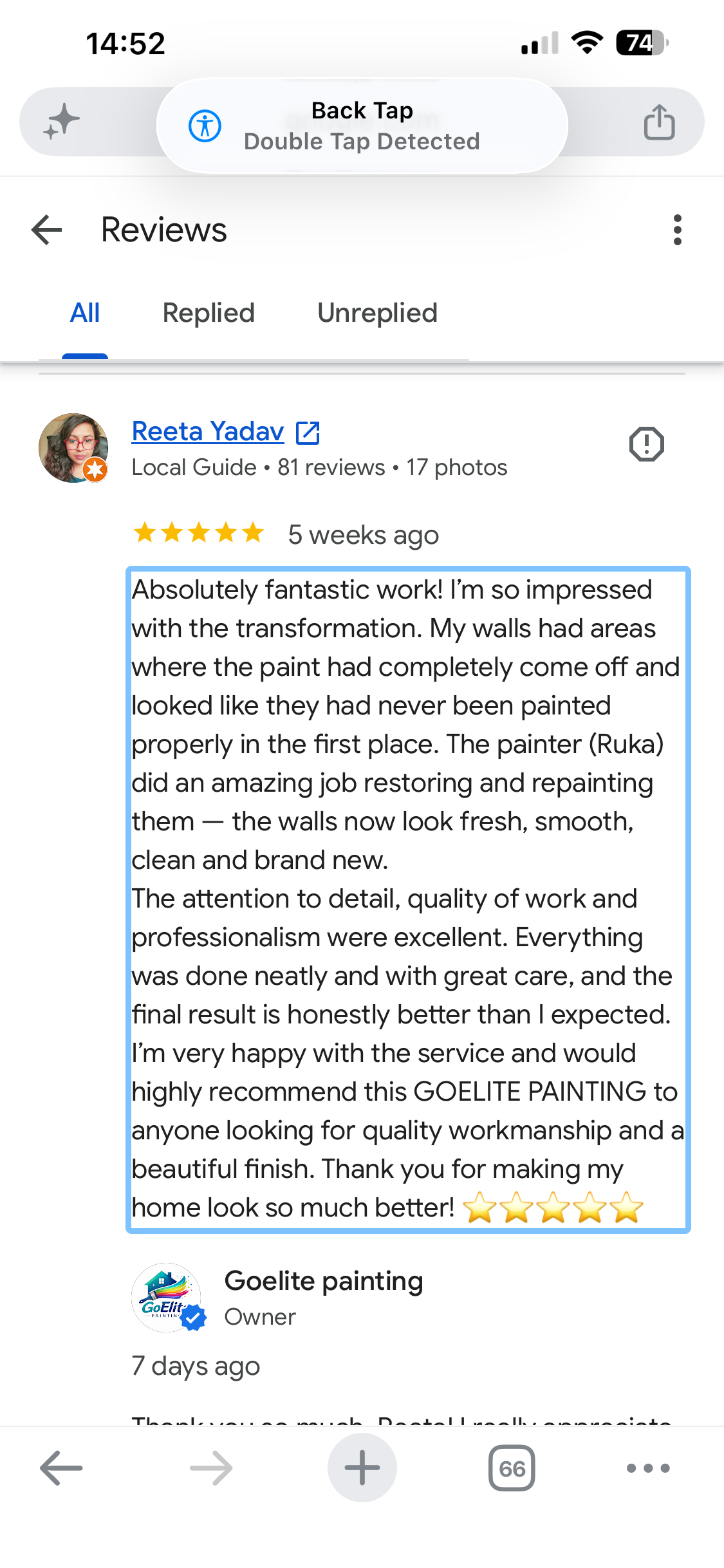 GOELITE Painting customer review from Reeta Yadav on Google